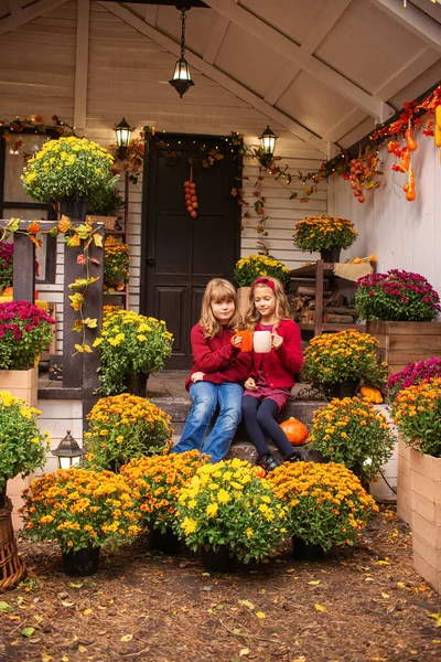 Due Bambine Amiche Bere Autunno Nel Giardino Vicino Alla Casa — Foto Stock