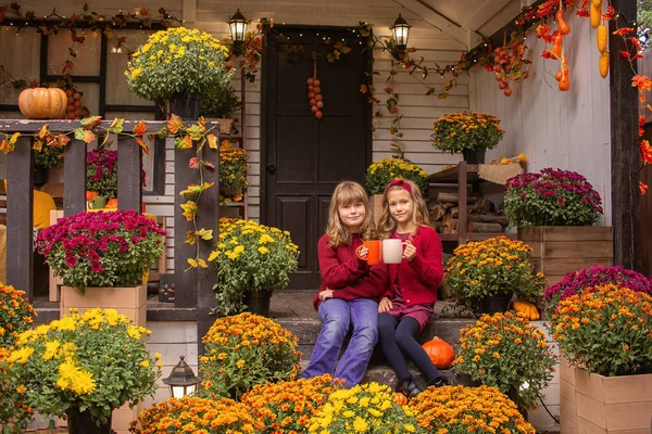Due Bambine Amiche Bere Autunno Nel Giardino Vicino Alla Casa — Foto Stock