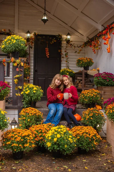 Due Bambine Amiche Bere Autunno Nel Giardino Vicino Alla Casa — Foto Stock