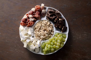 Yukarıdan çekilen tabakta çeşit çeşit aperatifler. fındık, pastırma, peynir, çikolata, ahşap bir arka planda üzüm