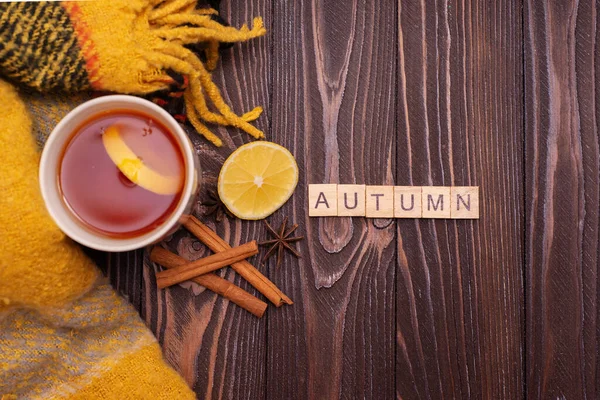 Cup Tea Lemon Cinnamon Sticks Wooden Table Warm Knitted Snood — Stock Photo, Image