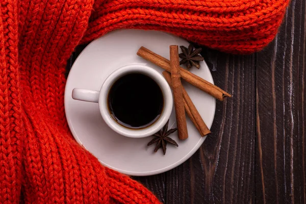 Cup Coffee Wooden Table Warm Knitted Snood Cinnamon Sticks Copy — Stock Photo, Image