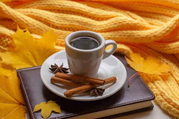 Una Taza Café Con Bloc Notas Hojas Amarillas Secas Sobre — Foto de Stock