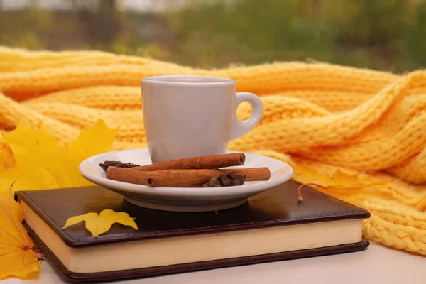 Una Taza Café Con Bloc Notas Hojas Amarillas Secas Sobre — Foto de Stock
