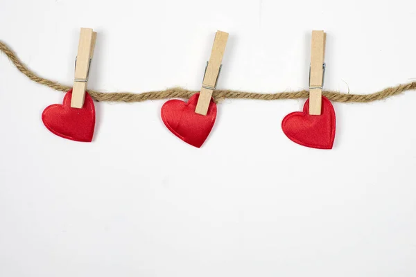 Red Hearts Wooden Clothespins Rope White Background Valentines Day Concept — Photo