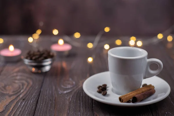 Romance Candle Wooden Background Cup Coffee Next Coffee Beans Hearts — Foto de Stock