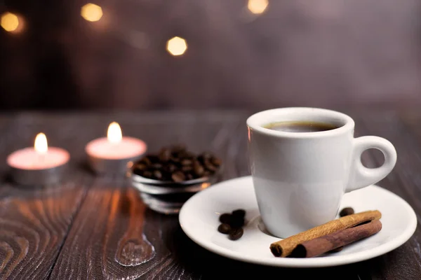 Romance Candle Wooden Background Cup Coffee Next Coffee Beans Hearts — Foto Stock