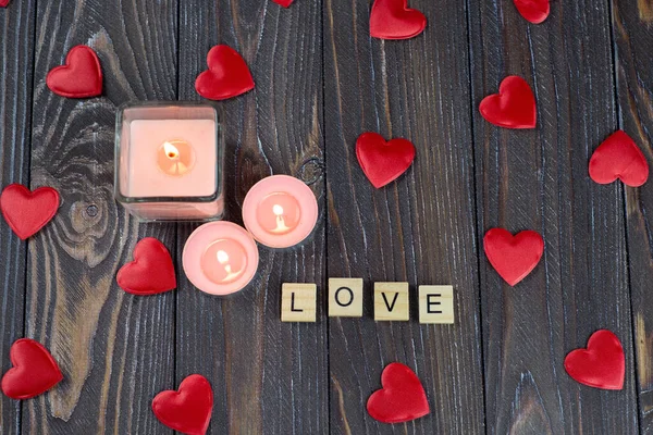 Love Letters Table Heart Love Candle Flame Postcard Wallpaper Banner — Stock Photo, Image