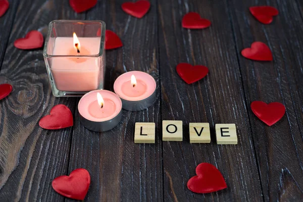 Love Letters Table Heart Love Candle Flame Postcard Wallpaper Banner — Stock Photo, Image