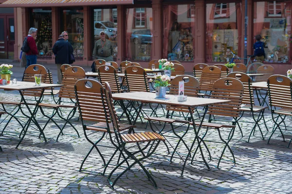 Interior Café Verão Com Mesas Vazias Belo Destino Férias Europeu — Fotografia de Stock