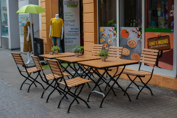 Interior Café Verão Com Mesas Vazias Belo Destino Férias Europeu — Fotografia de Stock