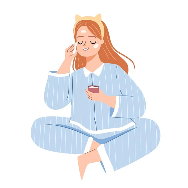 Skincare routine concept. Happy body positive girl applying cream. Flat vector illustration — Stok Vektör