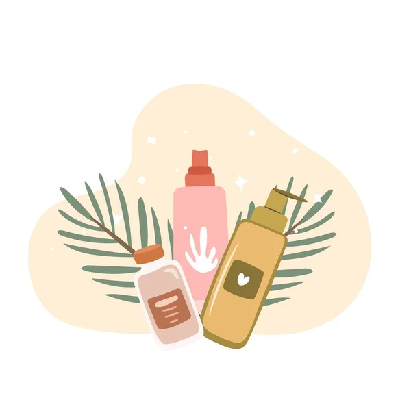 Set di prodotti per la cura della pelle con pianta in background. Piatto vettoriale bellezza illustrazione — Vettoriale Stock