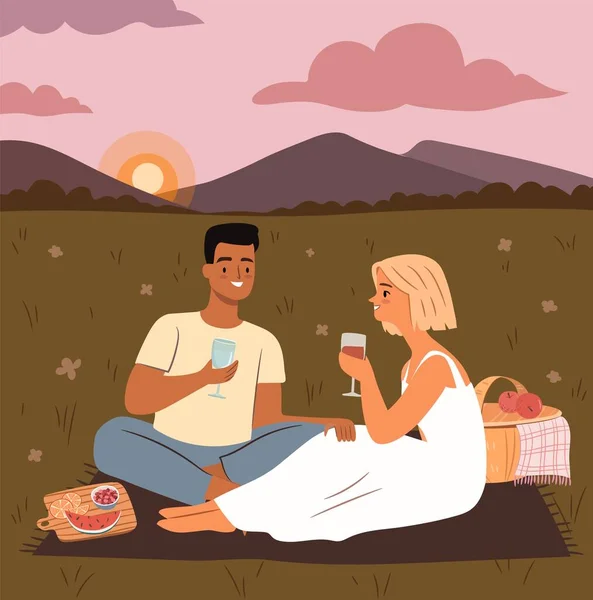 日落时一对可爱的情侣在野餐 — 图库矢量图片