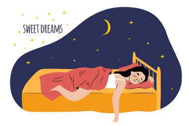 Yatakta uyuyan kadın. Tatlı rüyalar konsepti. Vektör illüstrasyonu