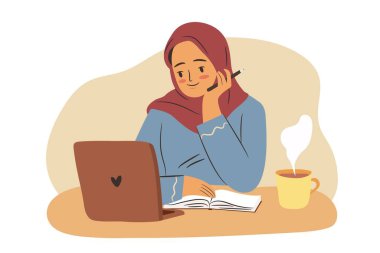 Dizüstü bilgisayarı olan Müslüman bir öğrenci. Bilgisayarda bir fincan çay ya da kahveyle tesettürlü genç bir kadın. El çizimi düz illüstrasyon.