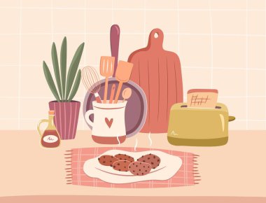 Mutfak gereçleri. Samimi mutfak konsepti. Mutfak aletleri, tost makinesi, tava, çikolatalı kurabiye, kesim tahtası. Düz şekilli şirin el çizimi vektör çizimi.