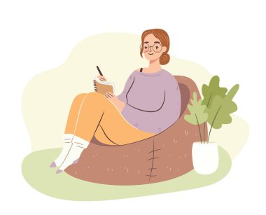 Koltuktaki genç kadın ders çalışıyor. Gözlüklü öğrenci kız deftere bir şeyler yazıyor, günlük tutuyor. Hygge ev atmosferi. Düz vektör illüstrasyonu