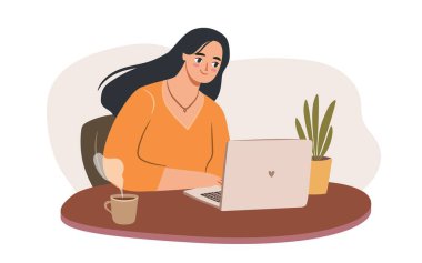 Evde dizüstü bilgisayarı olan bir grup kadın. Evde ya da kafede çalışan yetkin iş kadını ya da serbest çalışan biri. Düz vektör çizimi elle çizilmiş.