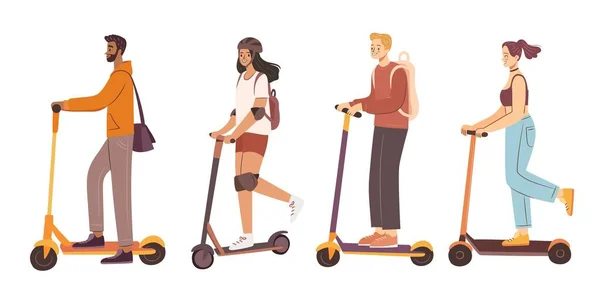 Mobiletli Insanlar Elektrikli Scooter Kullanan Bir Adam Bir Kadın Şehirde — Stok Vektör
