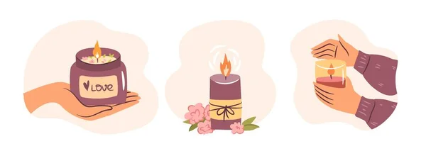Σετ Αρωματικών Κεριών Ζεστή Συλλογή Από Κεριά Στα Χέρια Και — Διανυσματικό Αρχείο