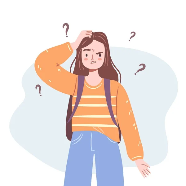 Confused Girl Young Woman Standing Doubt Thinking Dilemma Puzzled Teenager — Stock Vector