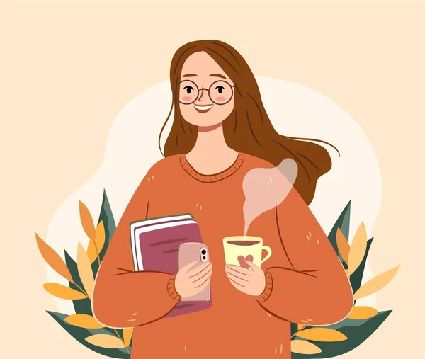 Φθινοπωρινό Κορίτσι Τσάι Και Βιβλία Απομονωμένη Νεαρή Γυναίκα Ένα Άνετο — Διανυσματικό Αρχείο