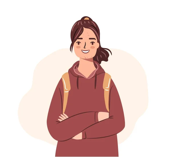 Sivilceli Mutlu Bir Genç Kapüşonlu Öğrenci Kız Beyaz Arka Planda — Stok Vektör