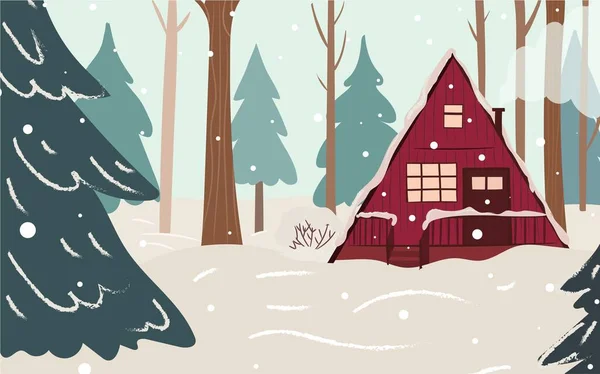 Уютный Зимний Фон Хижина Лесу Рождественская Открытка Плоская Ручная Векторная — стоковый вектор