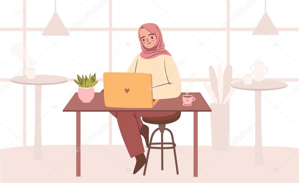 Woman in hijab working at cafe. Empowered business woman working on laptop. Muslim student with laptop in cafe. Flat vector illustration