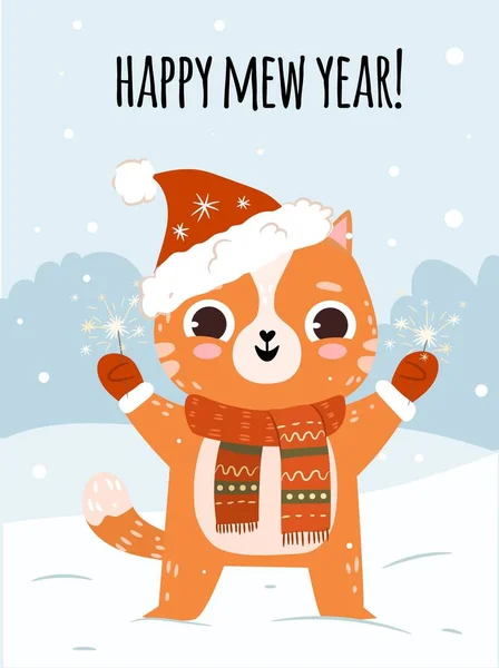Pozdrav Roztomilou Kočkou Vánočním Klobouku Šťastný Nový Rok Design Plakátů — Stockový vektor