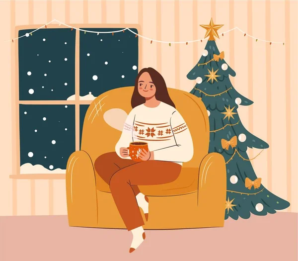 Confortable Concept Soirée Noël Fille Assise Dans Fauteuil Avec Une — Image vectorielle