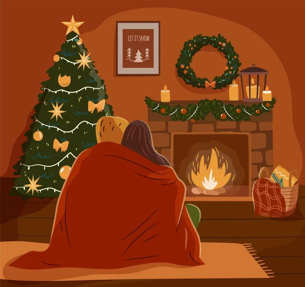 Noite Natal Acolhedora Casal Jovem Uma Lareira Decorada Ilustração Vetorial —  Vetores de Stock