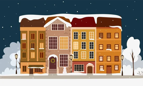 Χειμερινή Πόλη Νύχτα Έννοια Χαριτωμένα Σπίτια Βράδυ Των Χριστουγέννων Χειροποίητη — Διανυσματικό Αρχείο