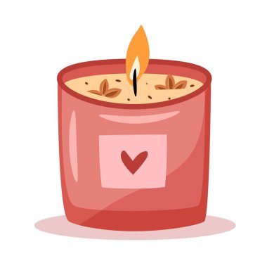 Beyaz arka planda izole edilmiş kavanozdaki kokulu mum. Hygge zamanı. Sıcak aroma mumu. El çizimi düz vektör.