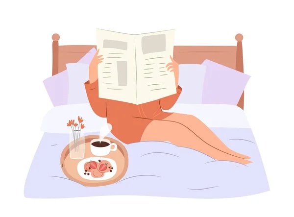Morning Routine Concept Girl Reading Newspaper Bed Flat Vector Illustration — Stock Vector