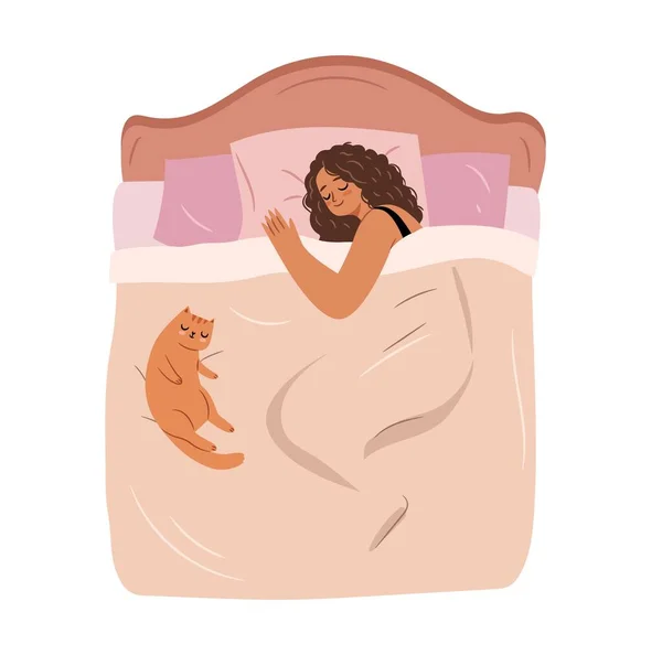 Yatak Konseptinde Uyuyan Kadın Şirin Afro Kız Evde Kediyle Uyuyor — Stok Vektör