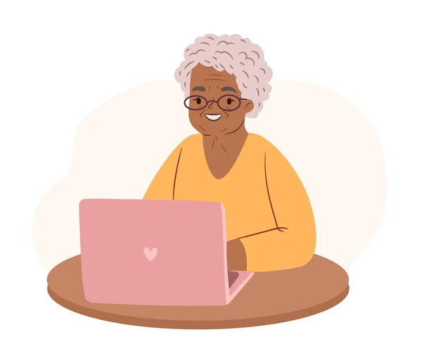 Σύγχρονη Αφροαμερικάνικη Γιαγιά Φορητό Υπολογιστή Χαρούμενη Ηλικιωμένη Γυναίκα — Διανυσματικό Αρχείο