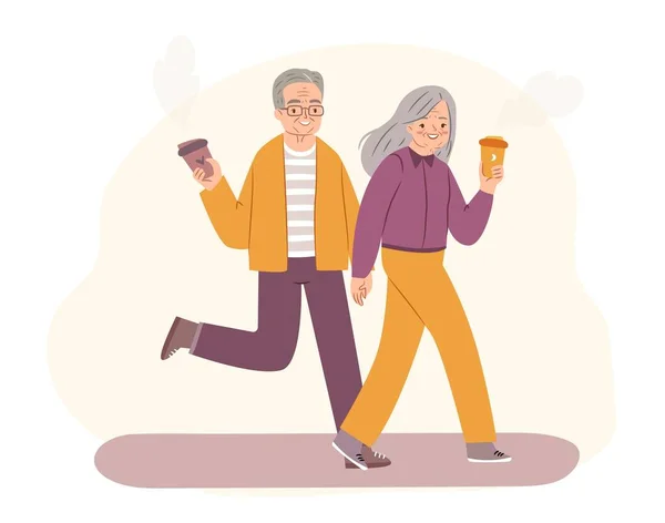 现代老年人 可爱的一对老夫妇在恋爱中散步 平面矢量图解 — 图库矢量图片