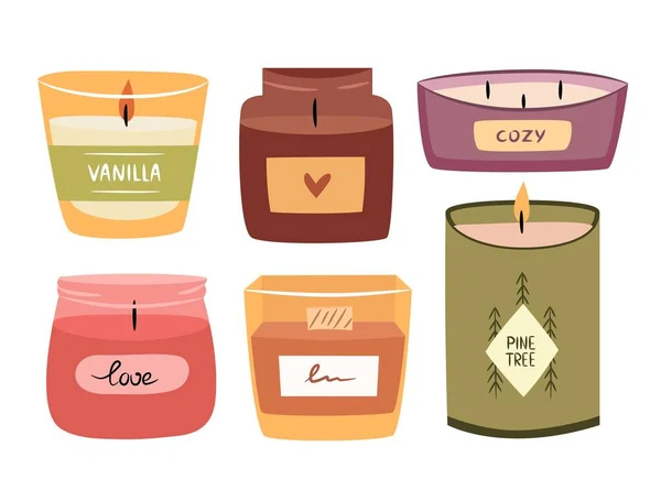 Hygge Set Candele Aromatiche Profumate Raccolta Candele Accoglienti Illustrazione Vettoriale — Vettoriale Stock