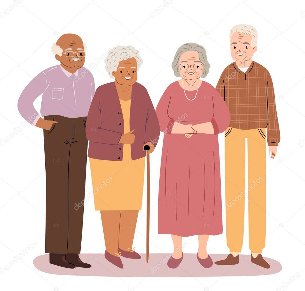 Group of seniors. Two elderly couples of happy Caucasian and African American old people.