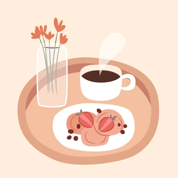 Breakfast Bed Concept Pancakes Strawberry Cup Coffee Flowers Jar Tray — Image vectorielle