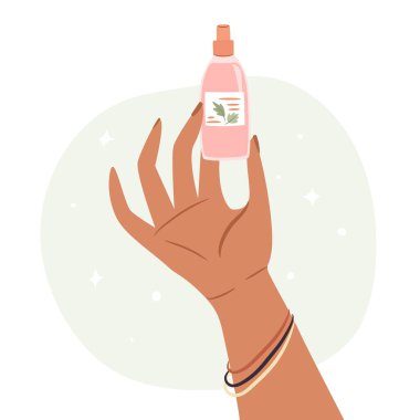 Woman hand showing a skincare product. Closeup of girl hand holding cosmetic product. Vector illustration
