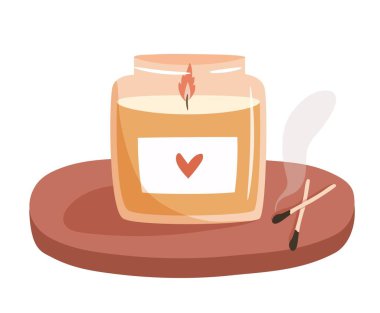 Ahşap bir tezgahta kavanozdaki Aroma mumu. Beyaz arka plan. Dumanla eşleşiyor. Düz vektör illüstrasyonu