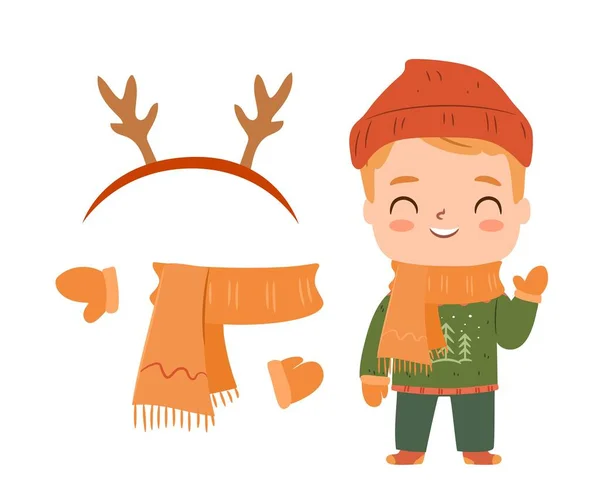 Boy Winter Sweater Set Winter Clothes Vector Character Illustration — 스톡 벡터