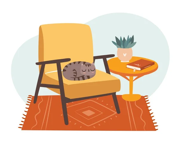 Cozy Room Interior Armchair Book Plant Carpet Sleeping Cat Scandinavian — Stok Vektör