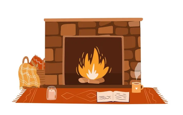 Cozy Fireplace Isolated White Background Reading Nook Fireplace Concept Vector — Wektor stockowy