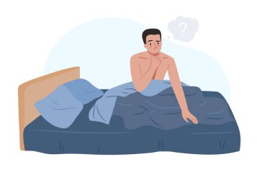 Man in bed in the morning thinking of what to wear. Sleepy guy woke up in his bed