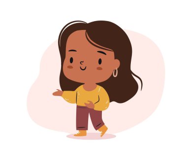 Şirin bir chibi kızı bir şeyi işaret ediyor. Afro-Amerikan karikatür kadın. Vektör izole illüstrasyonu