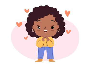 Heyecanlı bir chibi kızı. Bir şeye aşık tatlı çizgi film kadını, ön manzara. Mutlu Afrikalı Amerikalı karikatür kadını